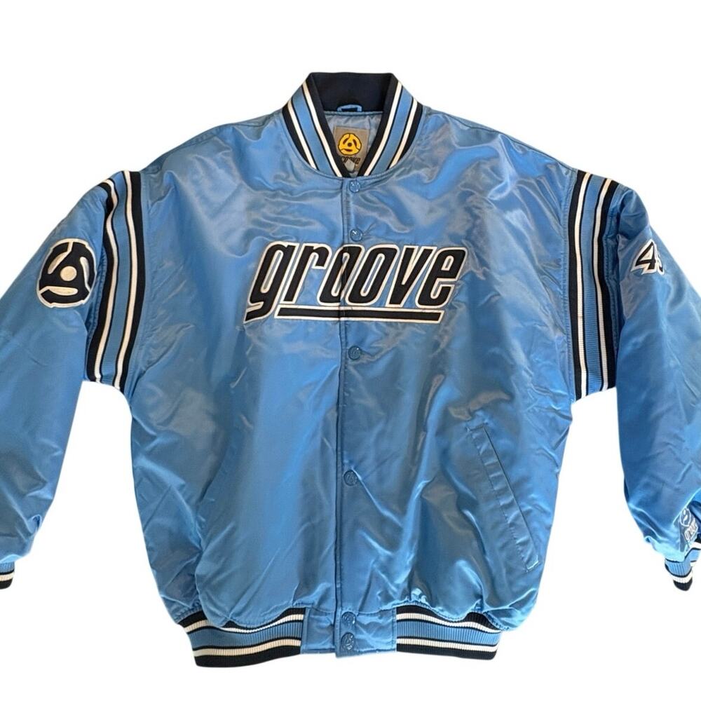 Vintage 90 s Carolina Blue "Groove" brand Satin Bomber Jacket Mens' size XXL
